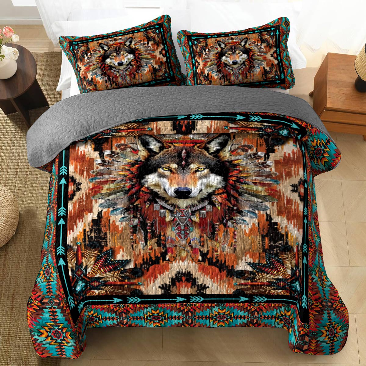 Shineful All Season Quilt 3-Piece Set Strength Wolf Native American