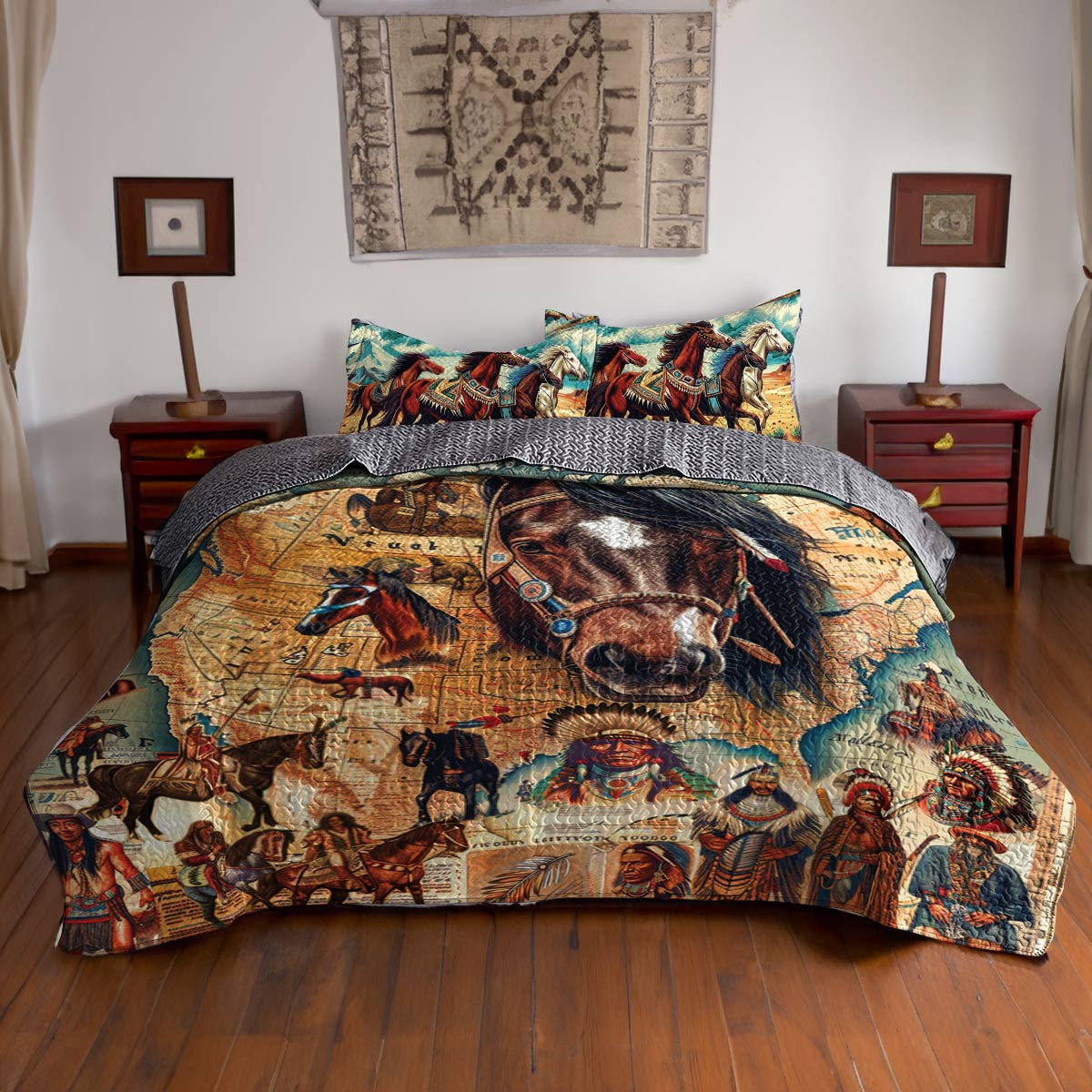 Shineful All Season Quilt 3-Piece Set Horse Native American Map