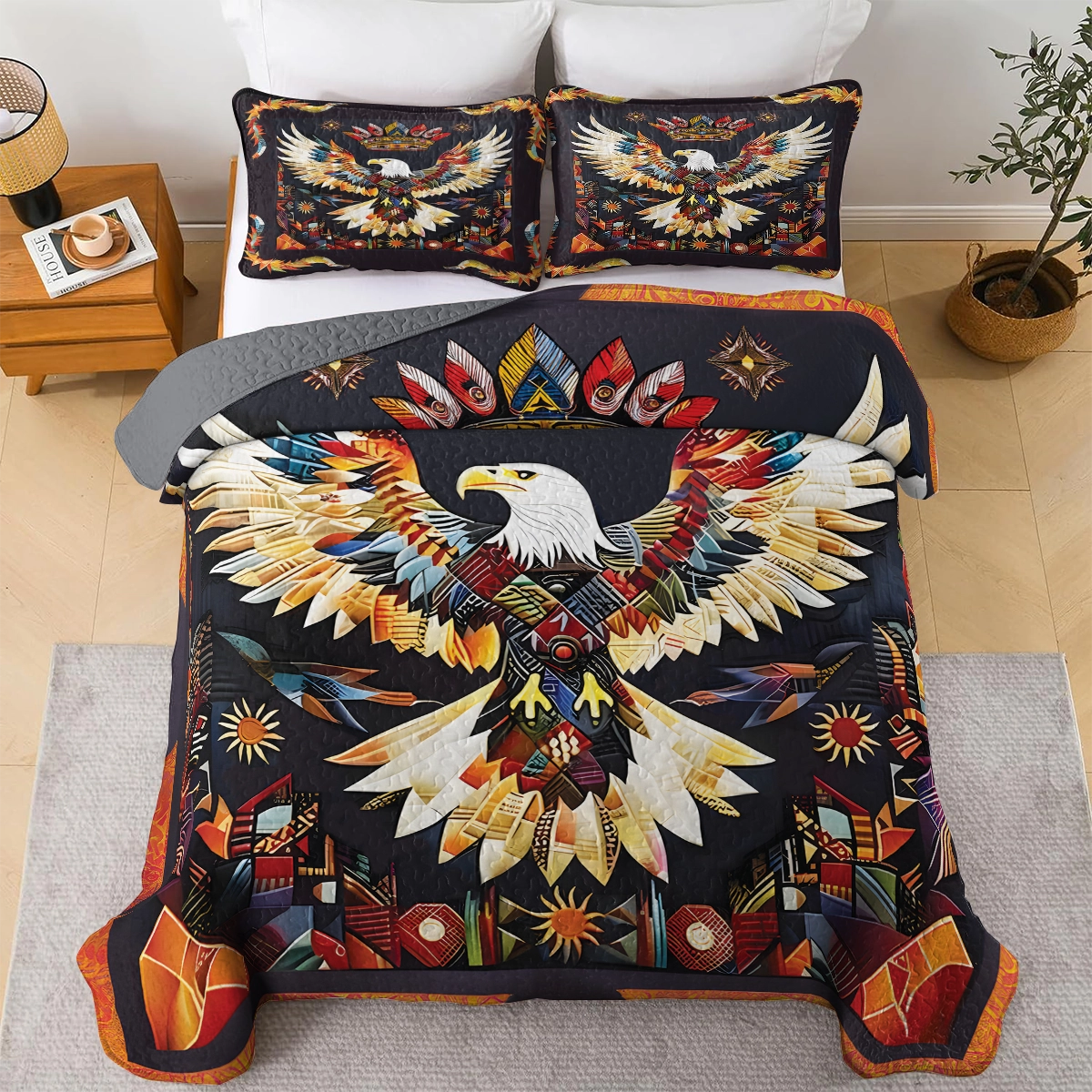 Shineful All Season Quilt 3-Piece Set - Native American Eagle Vibrant