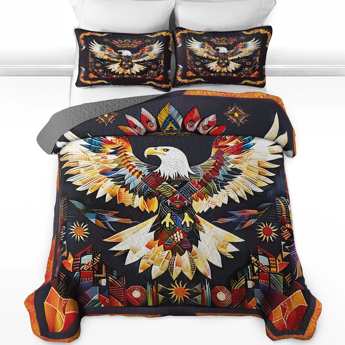 Shineful All Season Quilt 3-Piece Set - Native American Eagle Vibrant