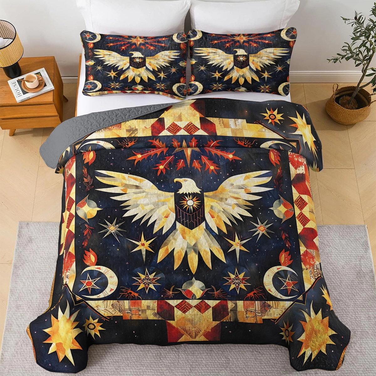 Shineful All Season Quilt 3-Piece Set - Native American Eagle Starlit