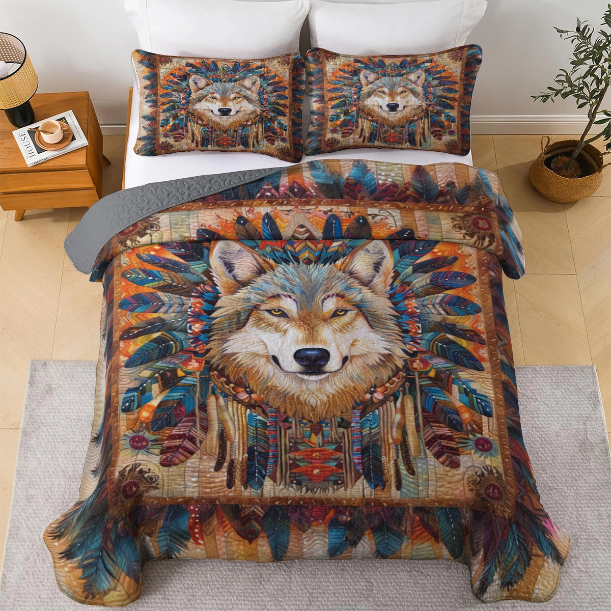 Shineful All Season Quilt 3-Piece Set - Native Wolf Regal Feather