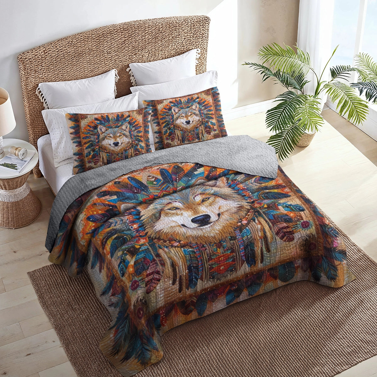 Shineful All Season Quilt 3-teiliges Set - Native Wolf Regal Feather