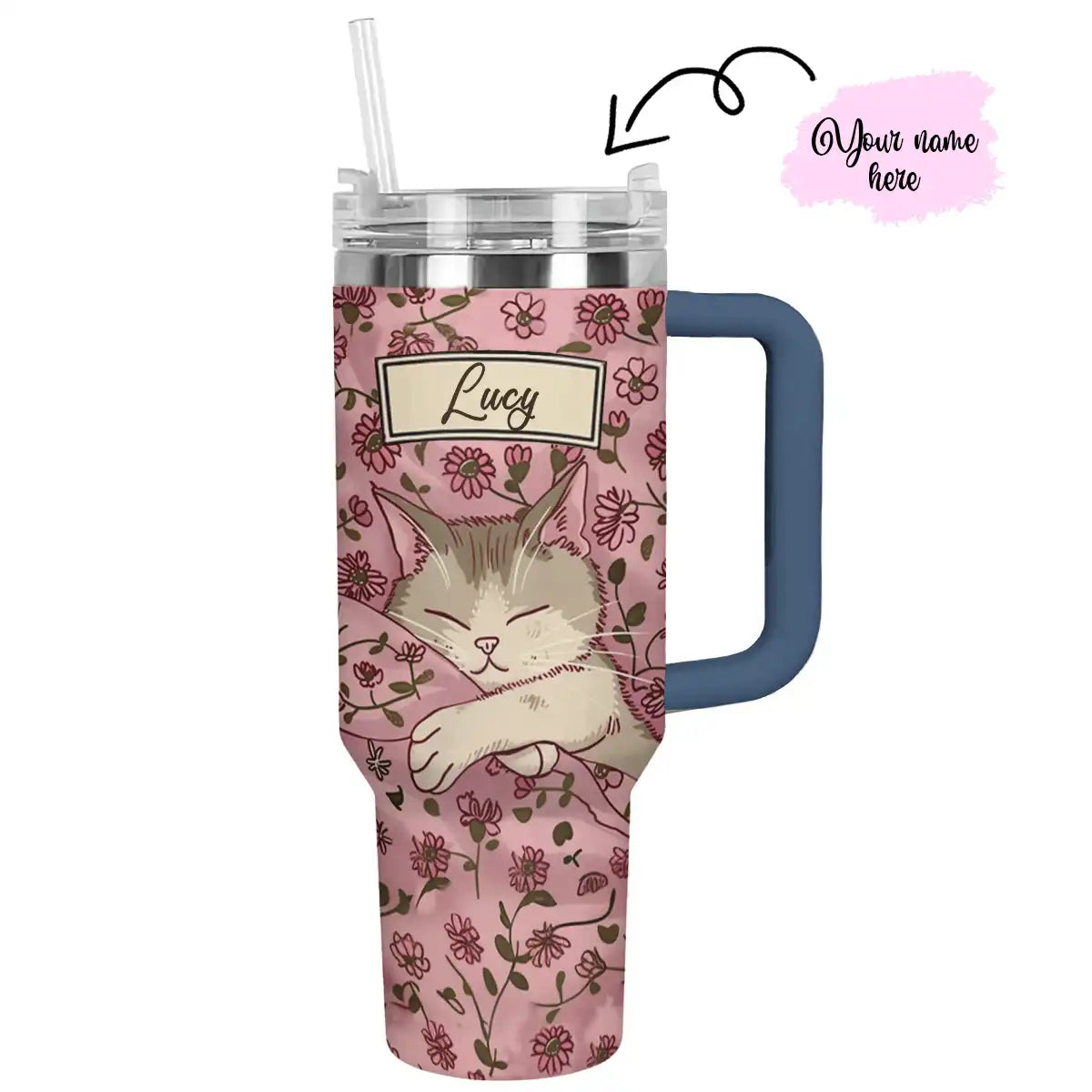 Shiny personalisierter Becher mit Blumenmotiv, schlafende Katze