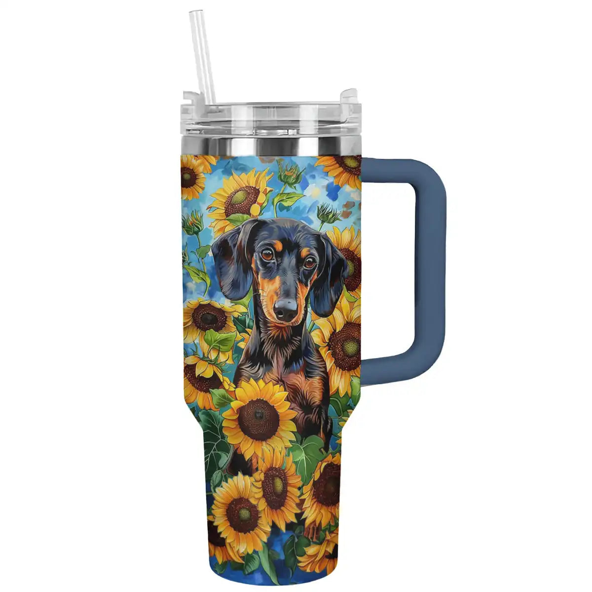 Glänzender Becher Dackel mit Sonnenblumen