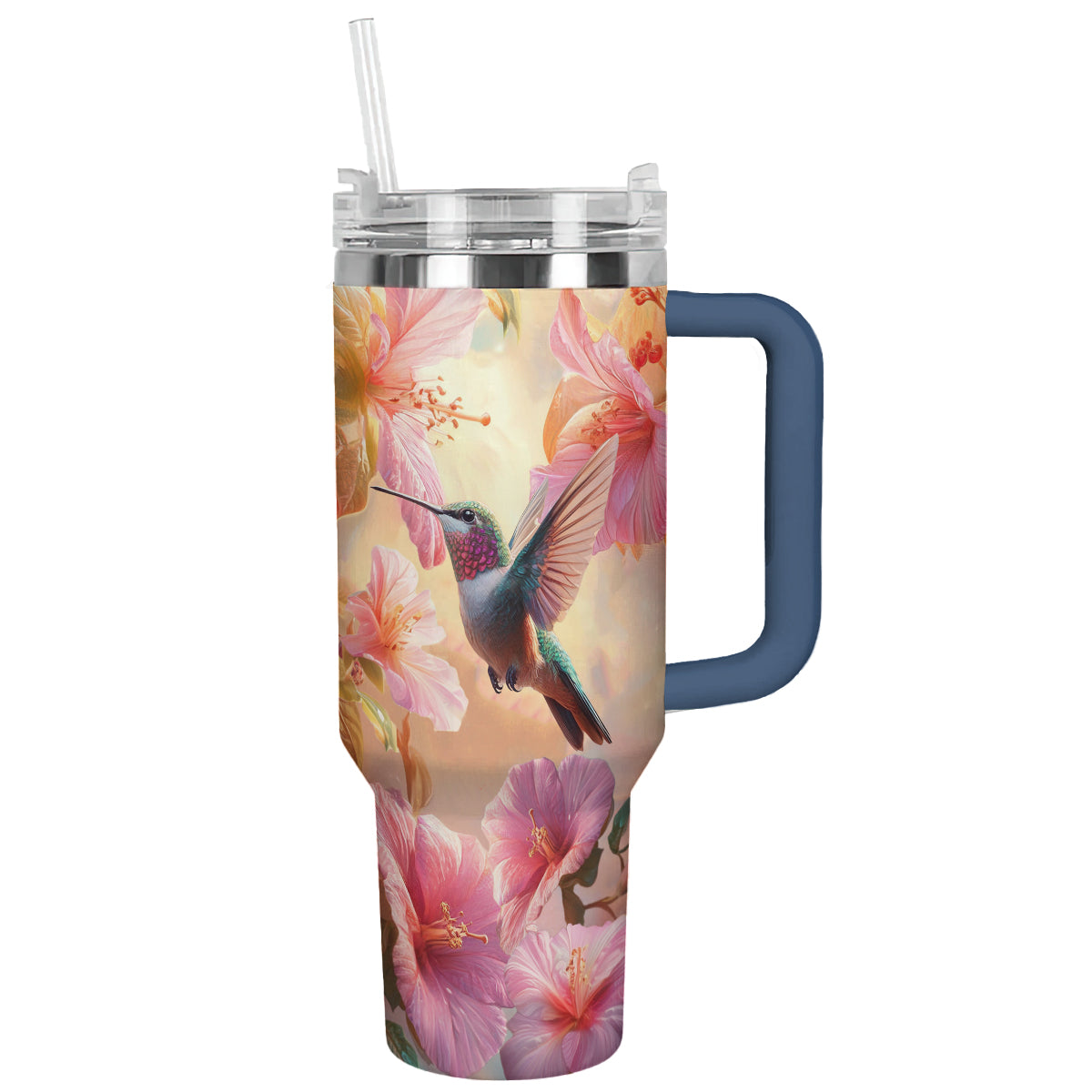 Glänzender Becher mit Blütenkolibri