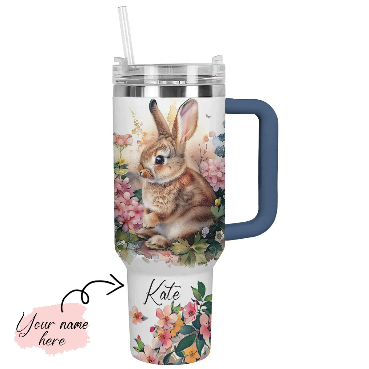 Glänzender personalisierter Becher mit Blumen-Kaninchen