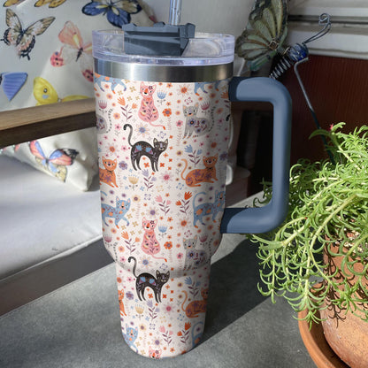 Glänzender Becher mit Blumen- und Katzenmotiv