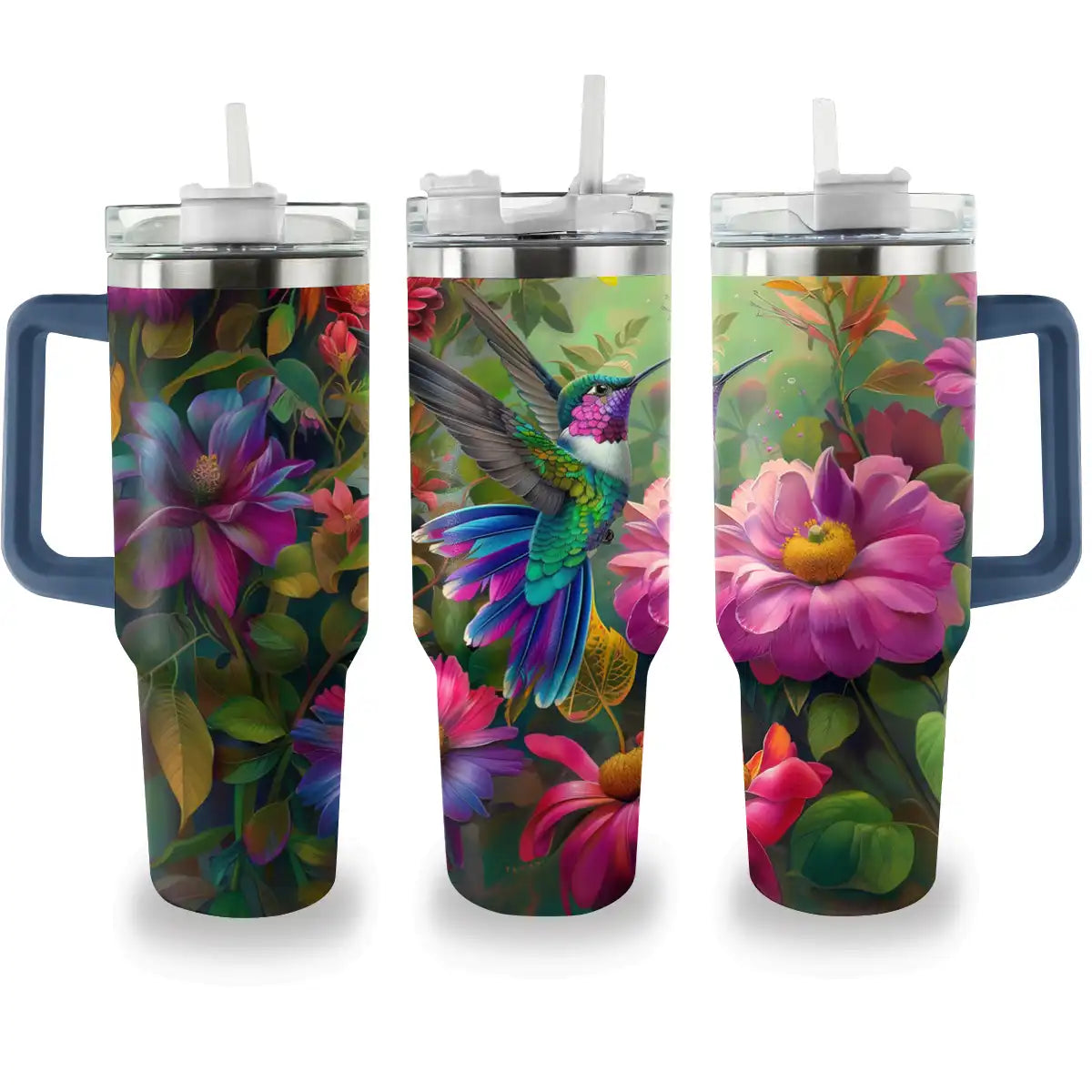 Glänzender Becher mit Blumenmotiv, Kolibri, Ver2