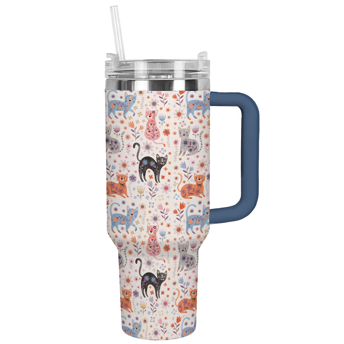 Glänzender Becher mit Blumen- und Katzenmotiv