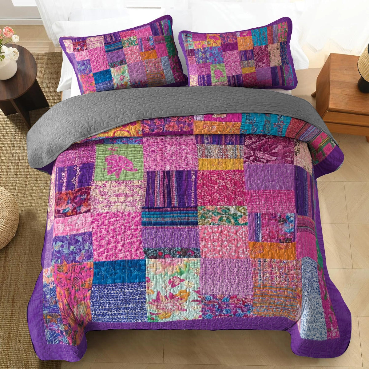 Glänzendes 3-teiliges Quilt-Set für alle Jahreszeiten – Boho Patchwork Dreams