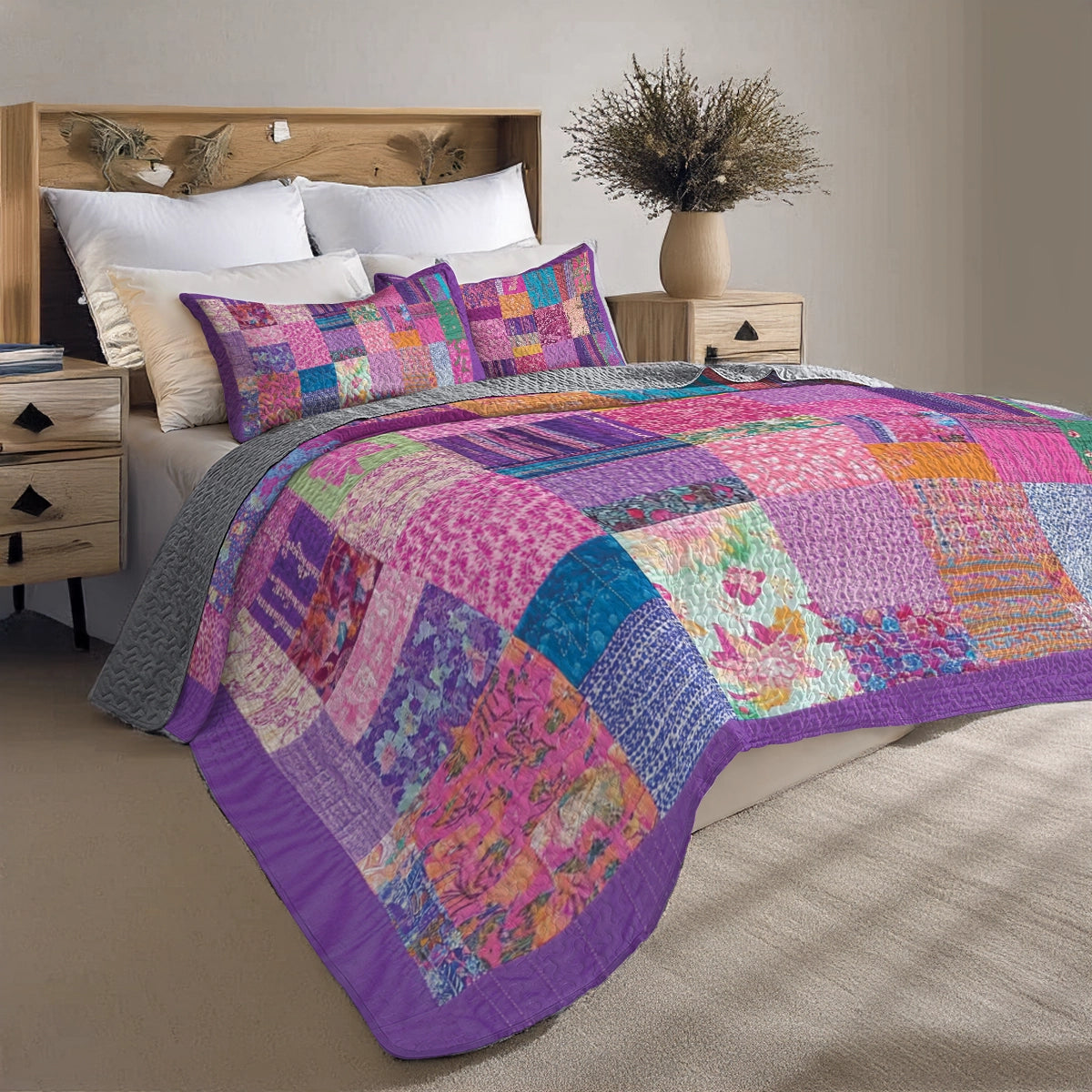 Glänzendes 3-teiliges Quilt-Set für alle Jahreszeiten – Boho Patchwork Dreams