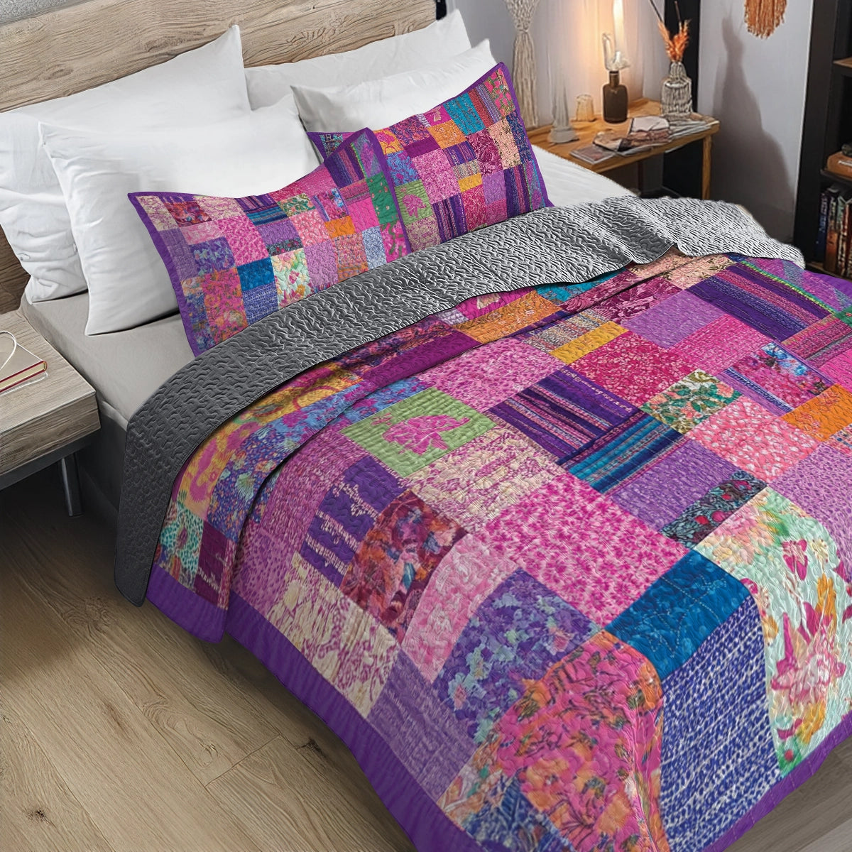 Glänzendes 3-teiliges Quilt-Set für alle Jahreszeiten – Boho Patchwork Dreams