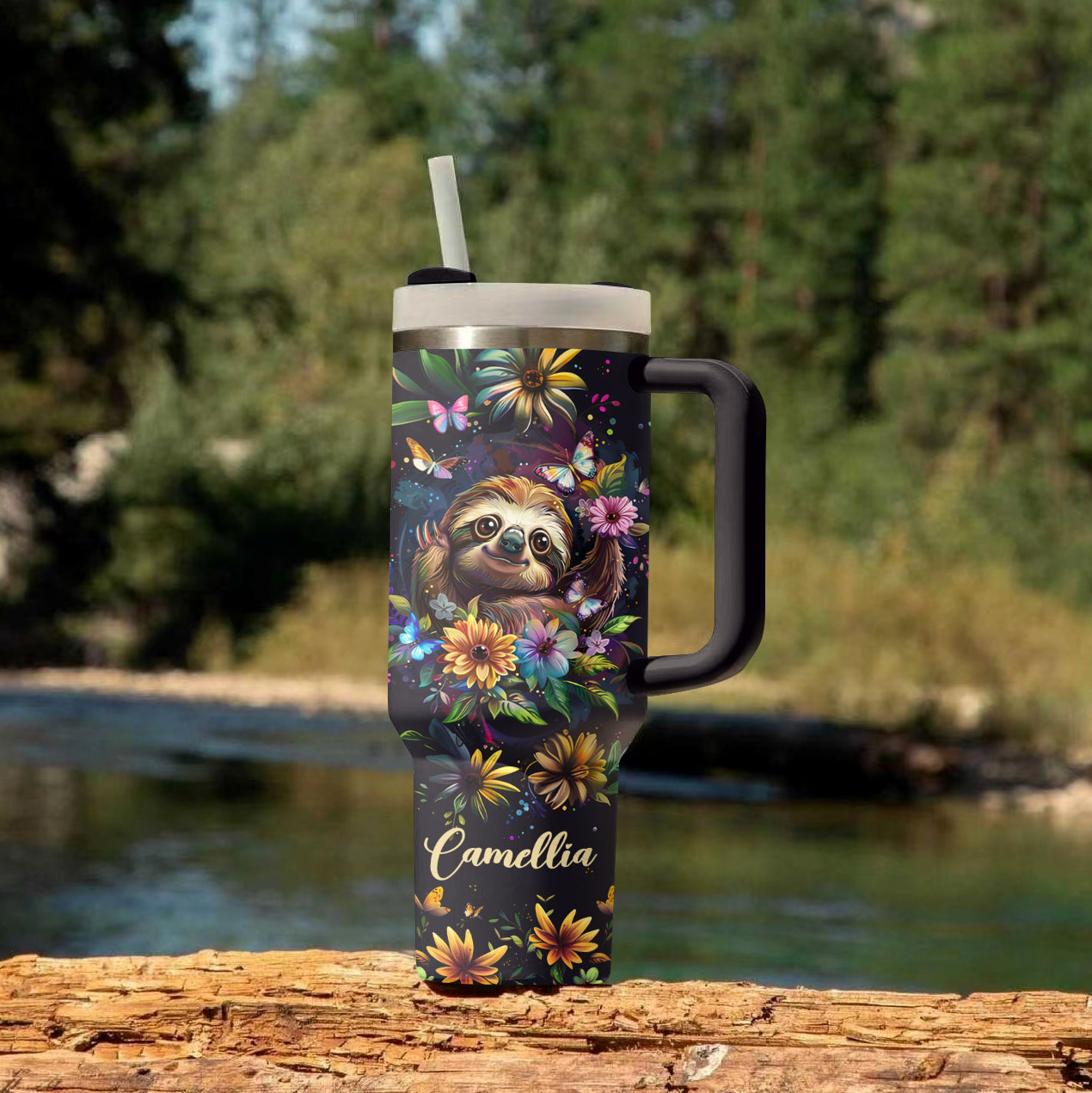 Shineful Tumbler Personalized Sloth in Floral Wonderland