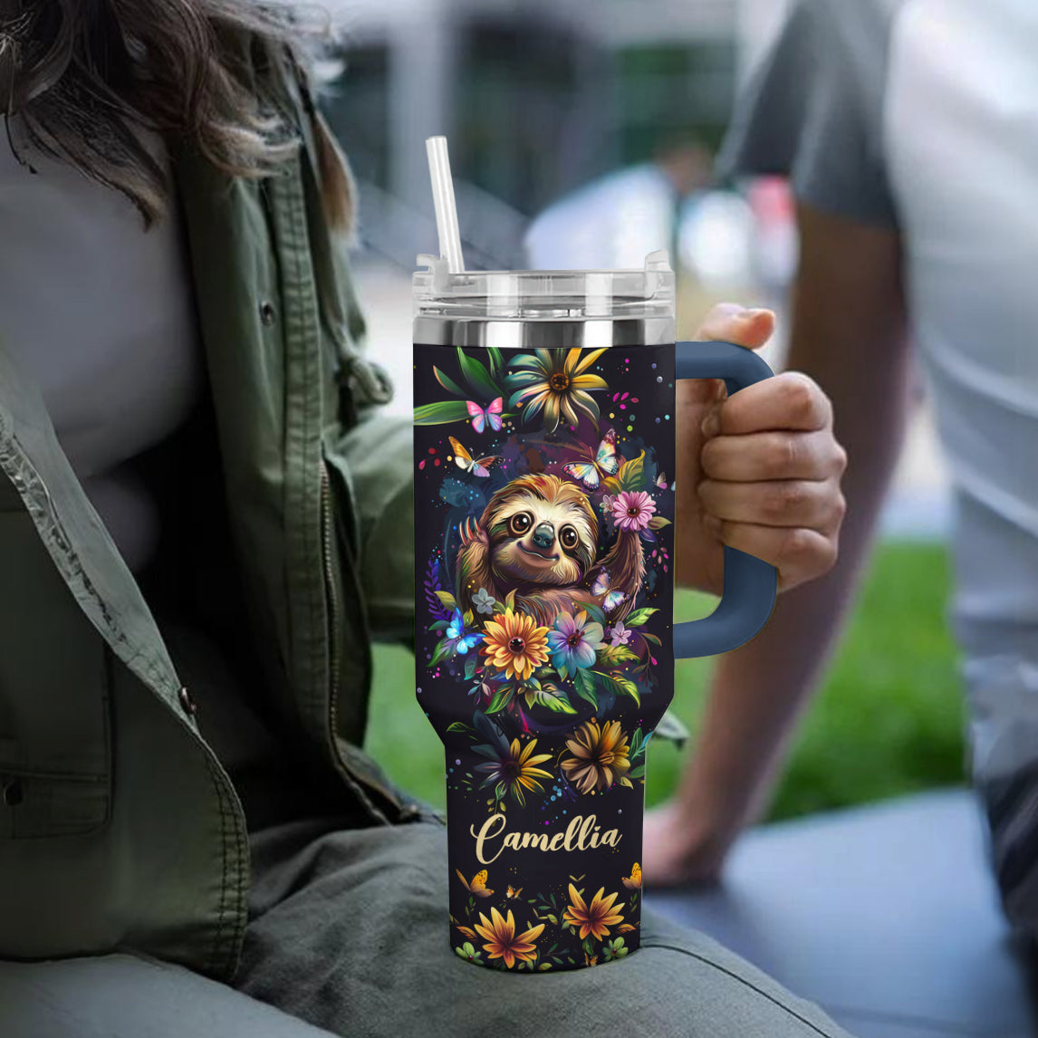 Shineful Tumbler Personalized Sloth in Floral Wonderland