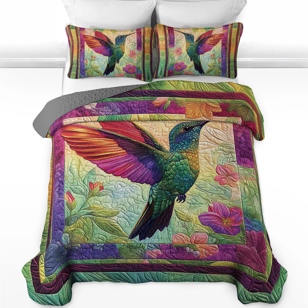 Shineful All Season Flat Print Quilt 3-Piece Set - Vibrant Mystic Hummingbird