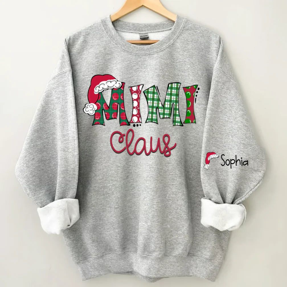 Glänzendes Fleece-Sweatshirt mit Rundhalsausschnitt, personalisierbar, Mimi, Oma Claus, Weihnachten und Enkelkinder, Sweatshirt