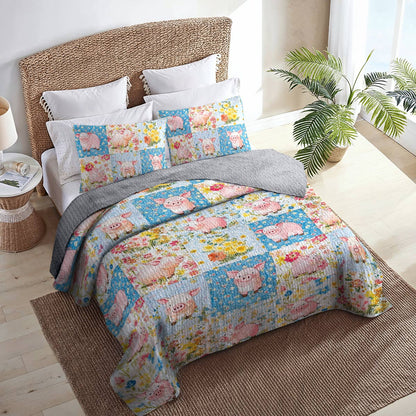 Shineful All Season Quilt 3-Piece Set Pigs Flowers Lovely