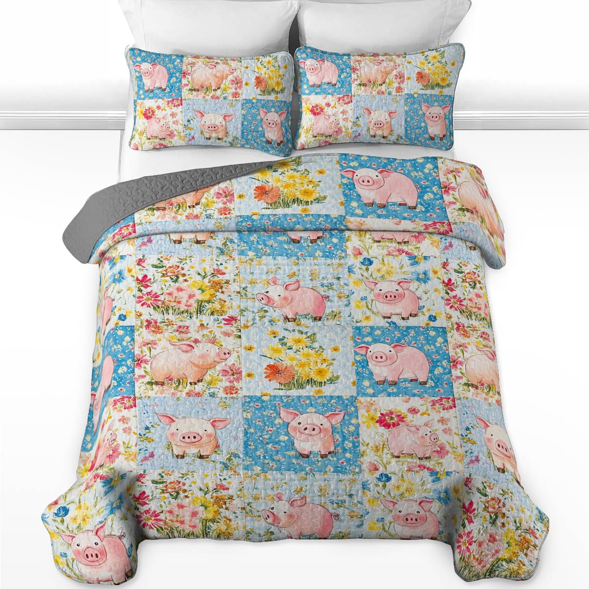 Shineful All Season Quilt 3-Piece Set Pigs Flowers Lovely