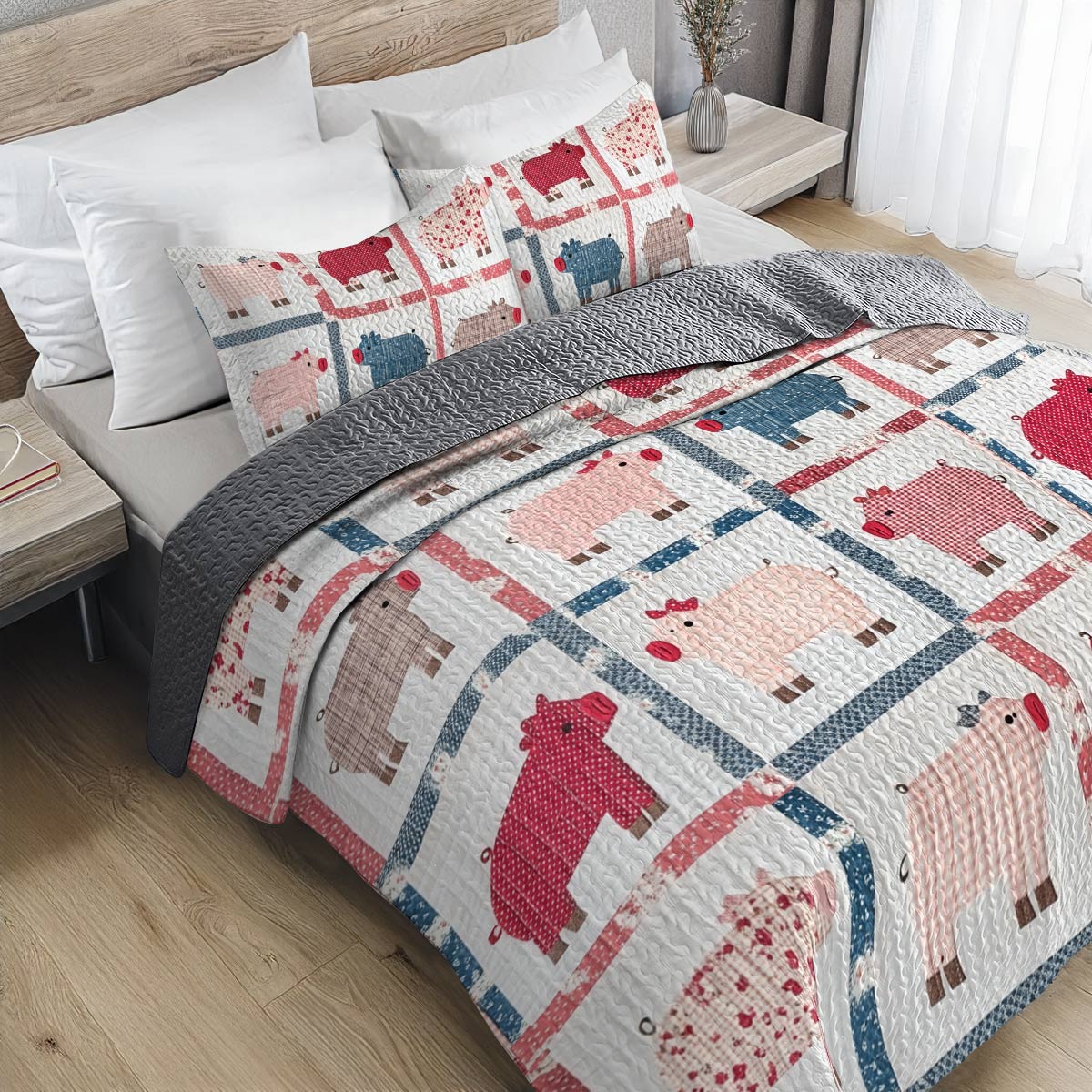 Shineful All Season Quilt 3-Piece Set Pigs Love