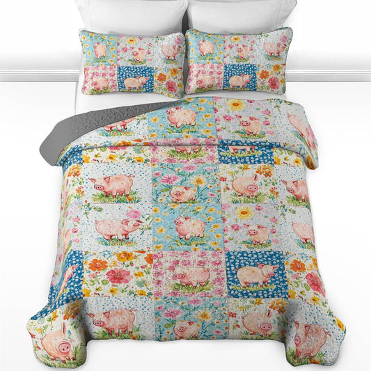 Shineful All Season Quilt 3-Piece Set Pretty Pigs Flowers