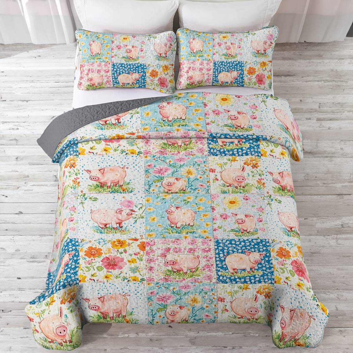 Shineful All Season Quilt 3-Piece Set Pretty Pigs Flowers