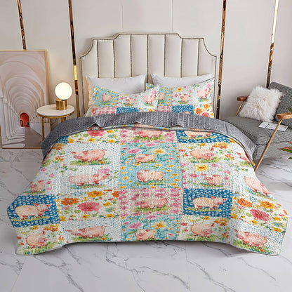 Shineful All Season Quilt 3-Piece Set Pretty Pigs Flowers