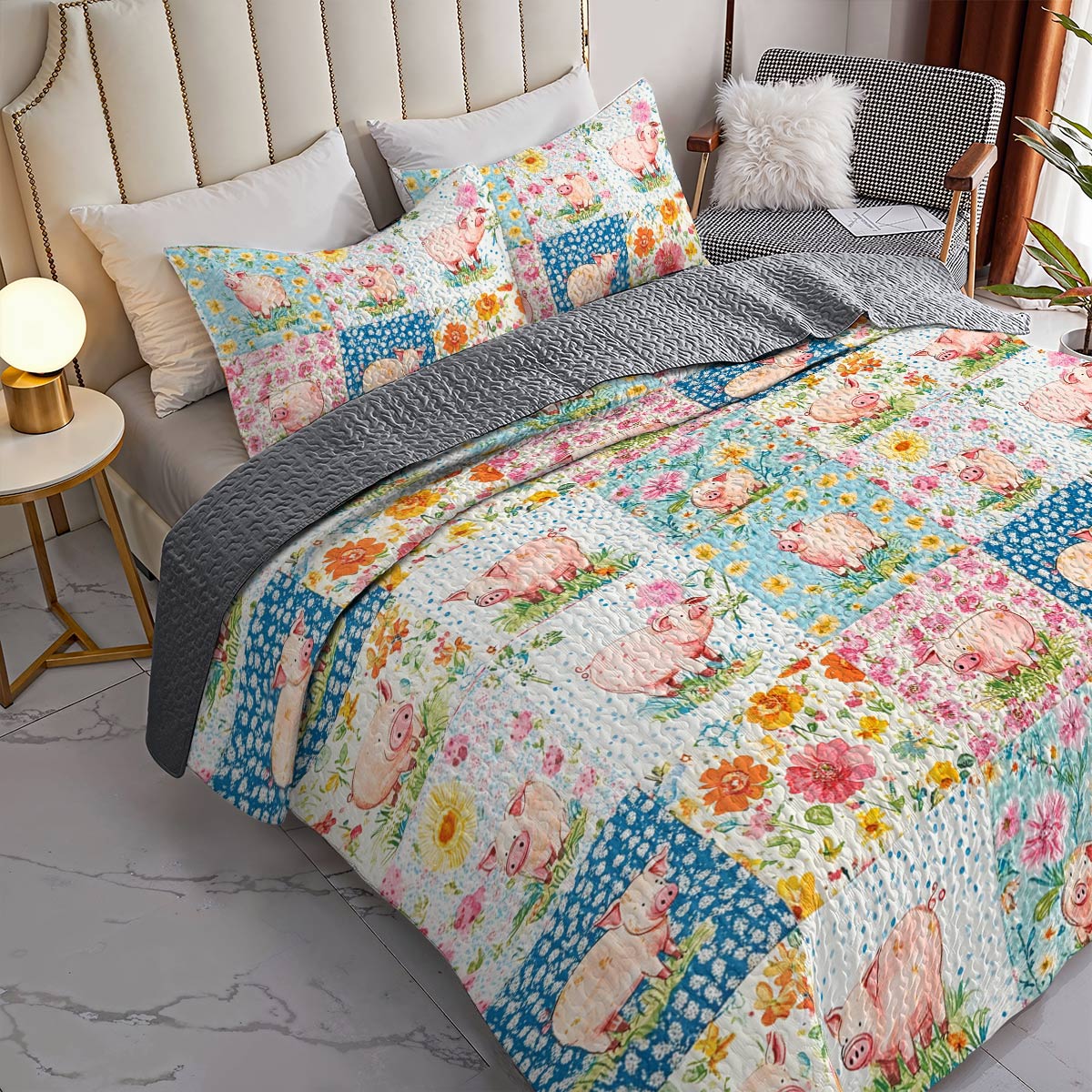 Shineful All Season Quilt 3-Piece Set Pretty Pigs Flowers