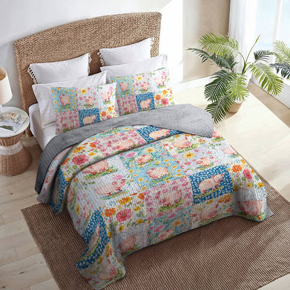 Shineful All Season Quilt 3-Piece Set Pretty Pigs Flowers