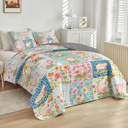 Shineful All Season Quilt 3-Piece Set Pretty Pigs Flowers