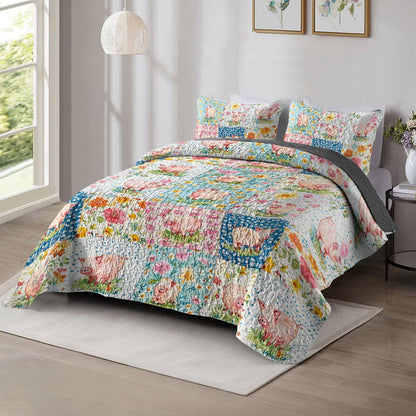 Shineful All Season Quilt 3-Piece Set Pretty Pigs Flowers