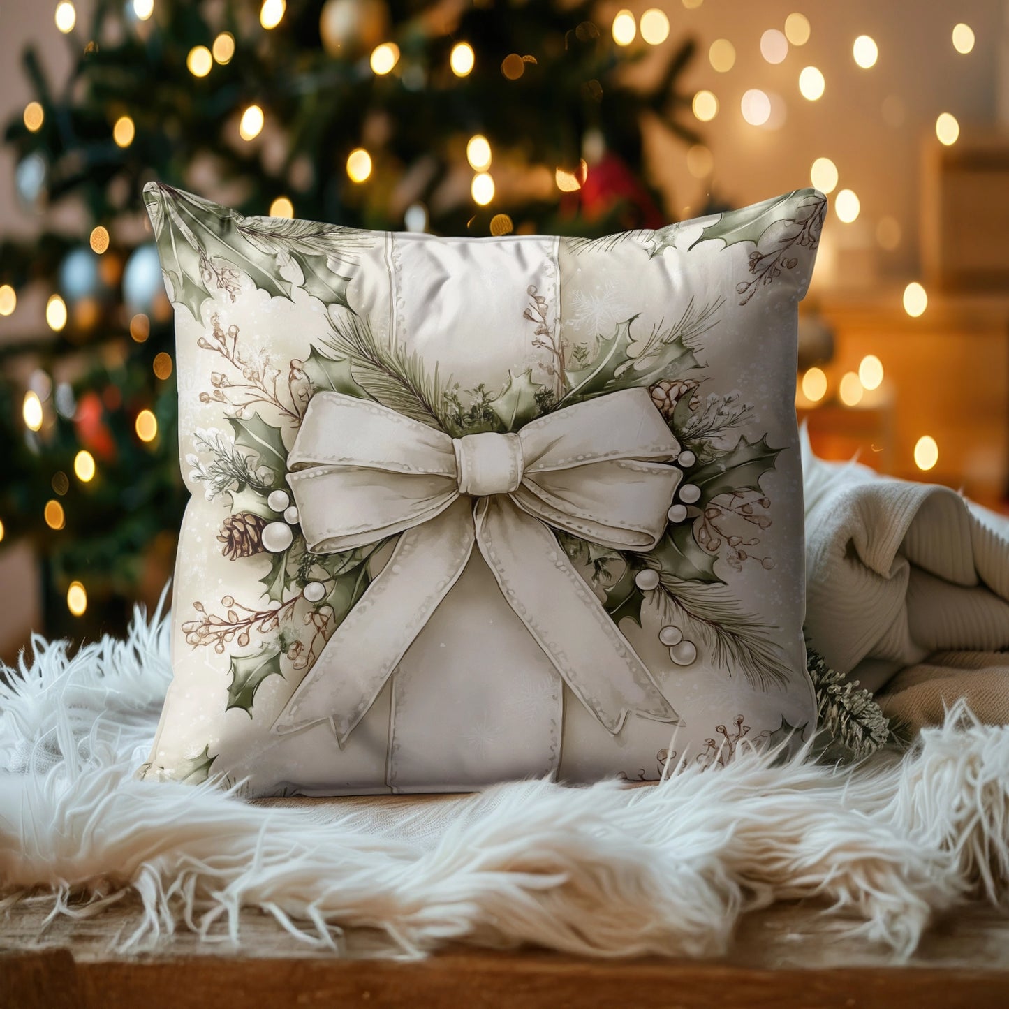 Shineful 2D Print Cushion Cover, Pillowcase, Pillows Covers - A Beautiful White Bow Christmas