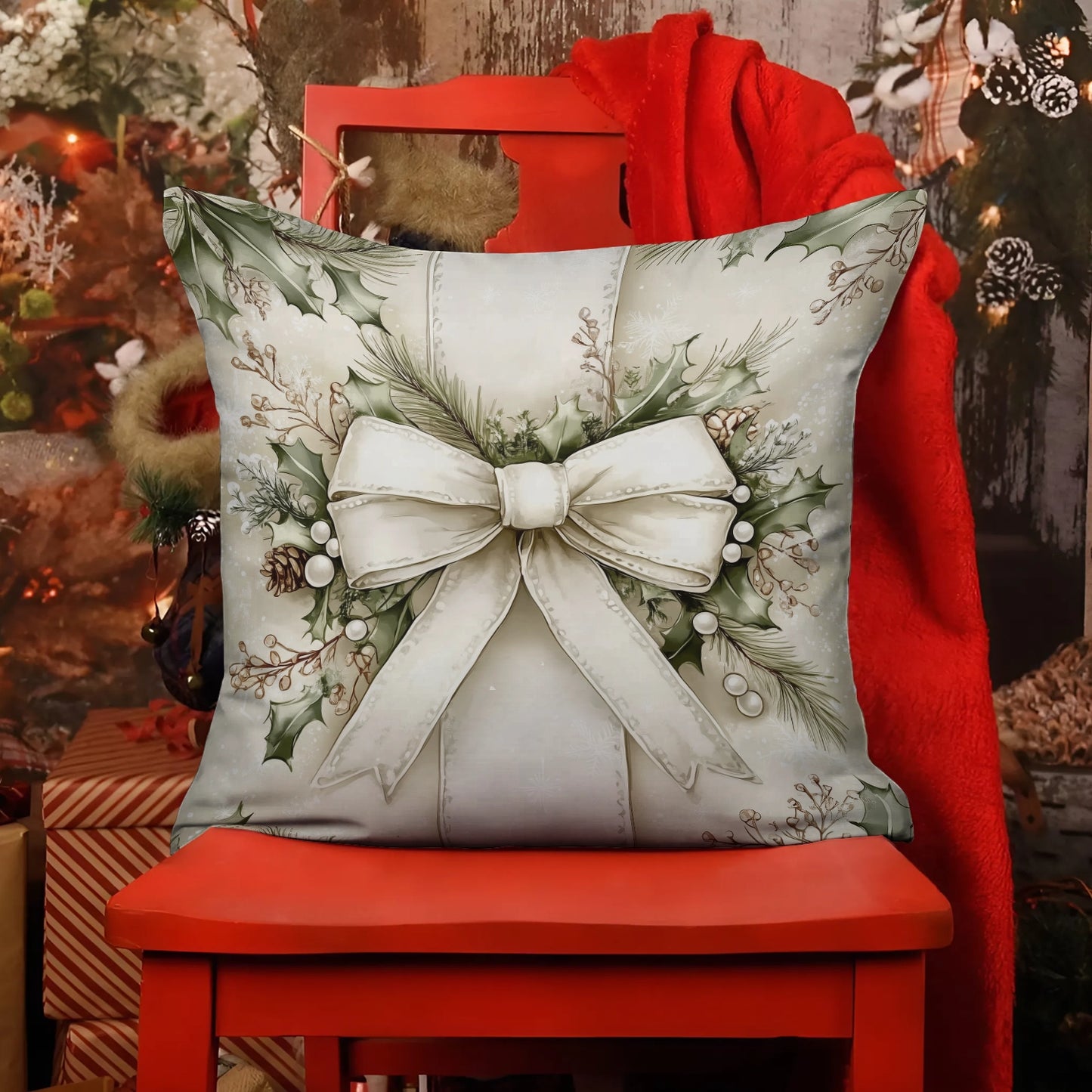 Shineful 2D Print Cushion Cover, Pillowcase, Pillows Covers - A Beautiful White Bow Christmas