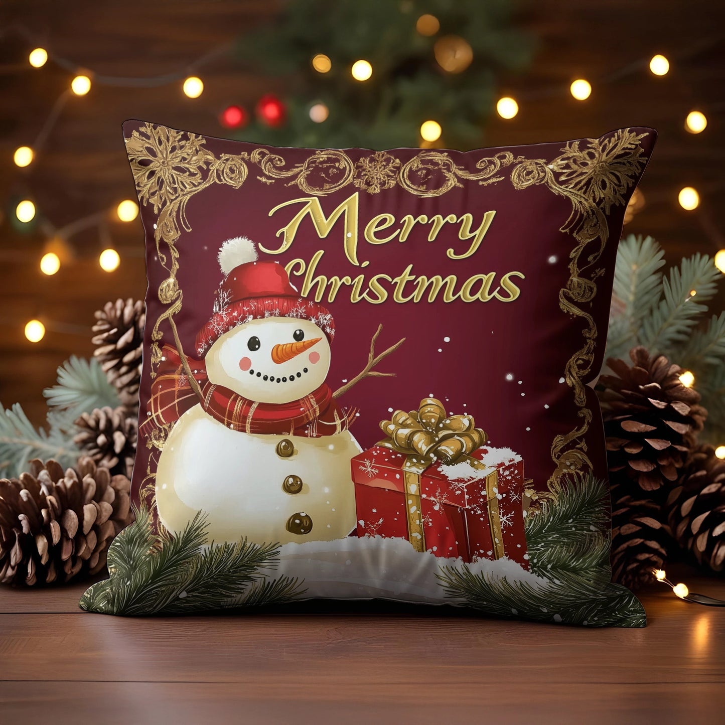 Shineful 2D Print Cushion Cover, Pillowcase, Pillows Covers - Golden Snowman Christmas Card - Warm Festive Greetings