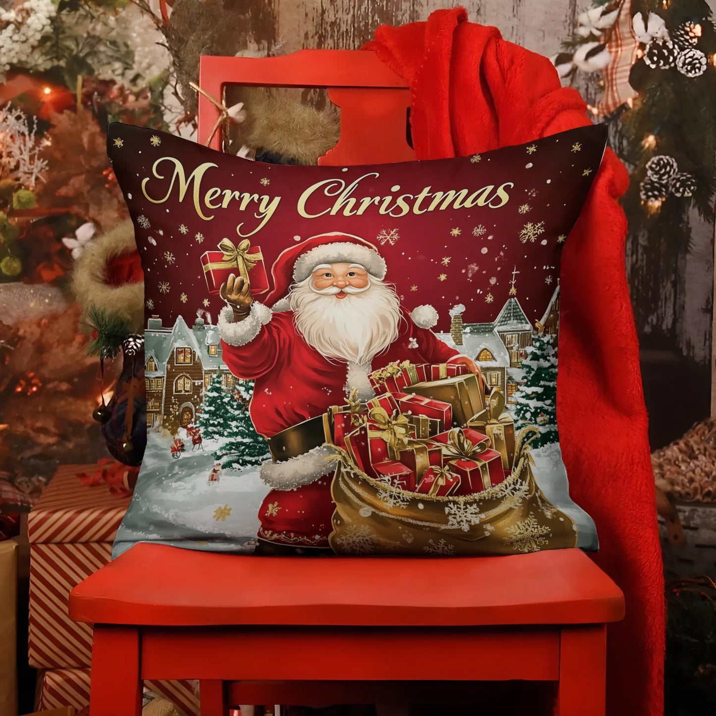 Shineful 2D Print Cushion Cover, Pillowcase, Pillows Covers - Merry Christmas from Santa’s Workshop of Joy