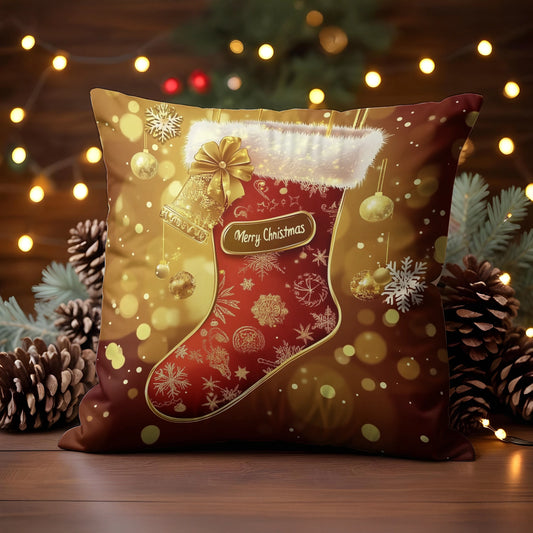 Shineful 2D Print Cushion Cover, Pillowcase, Pillows Covers - Luxurious Christmas Stocking with Glittering Gold Accents