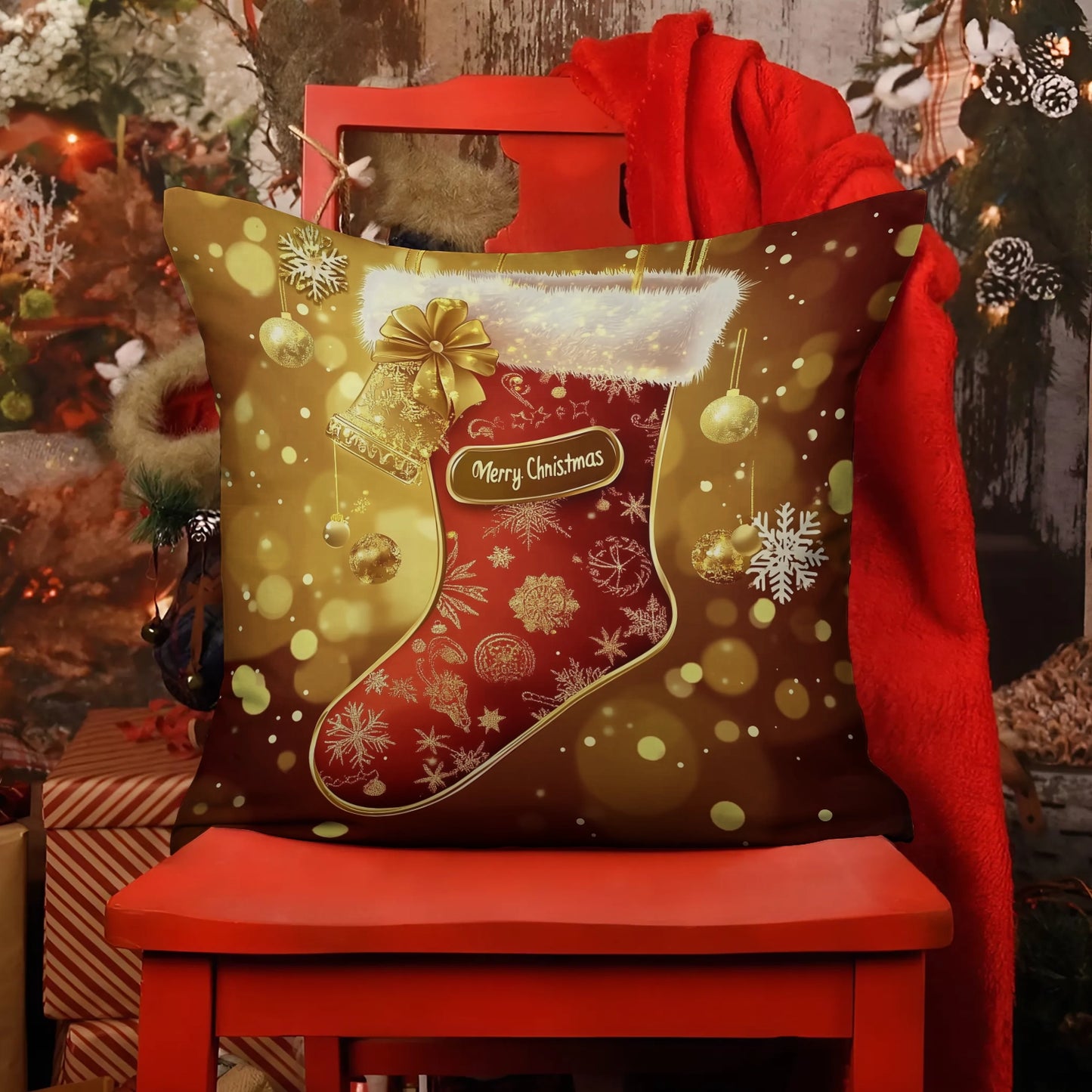 Shineful 2D Print Cushion Cover, Pillowcase, Pillows Covers - Luxurious Christmas Stocking with Glittering Gold Accents