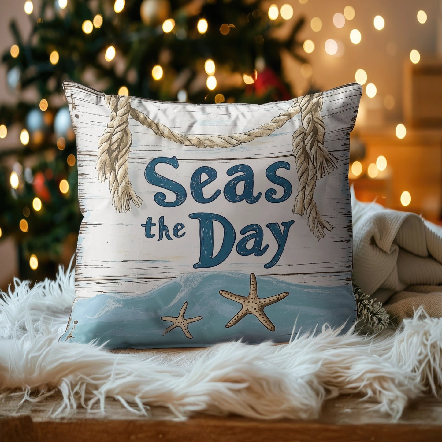 Shineful 2D Print Cushion Cover, Pillowcase, Pillows Covers - Coastal Bliss - Rope & Starfish Vintage Sign