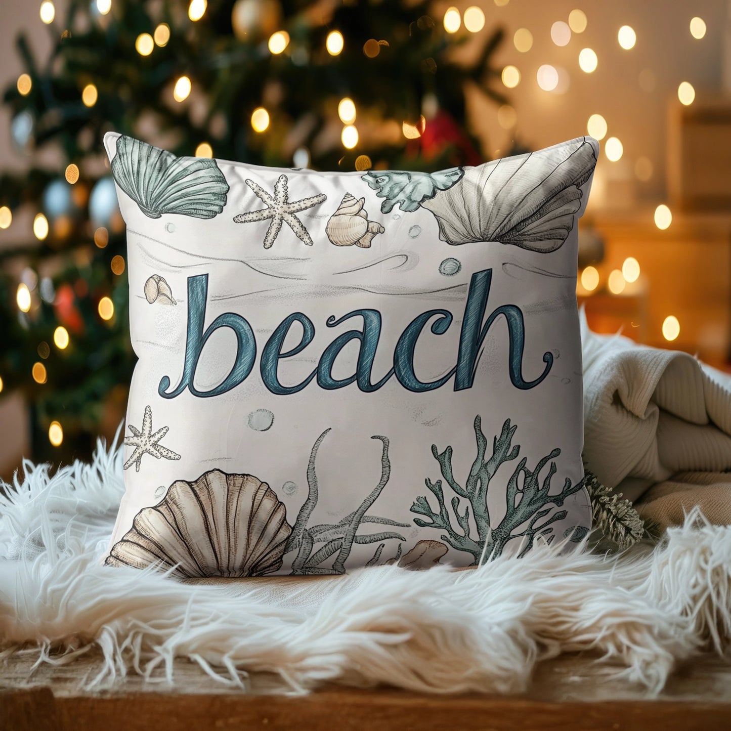 Shineful 2D Print Cushion Cover, Pillowcase, Pillows Covers - Ocean Serenity - Beach Art with Seashells and Starfish