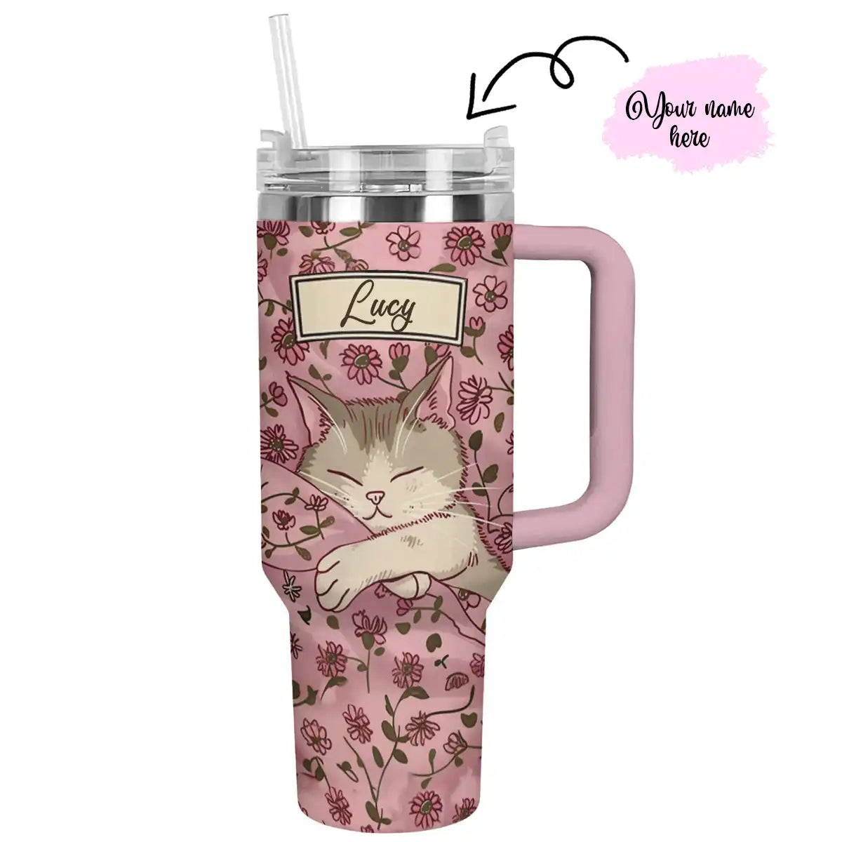 Shiny personalisierter Becher mit Blumenmotiv, schlafende Katze