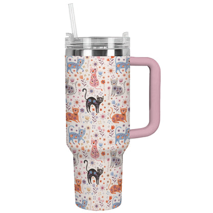 Glänzender Becher mit Blumen- und Katzenmotiv