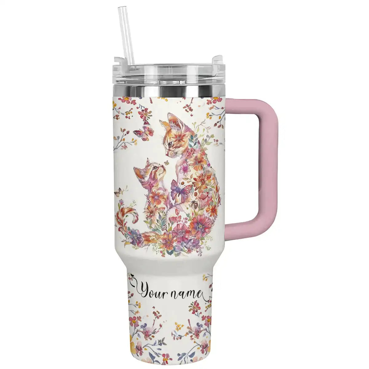 Glänzender Becher mit Blumenmotiv, Katzenmotiv