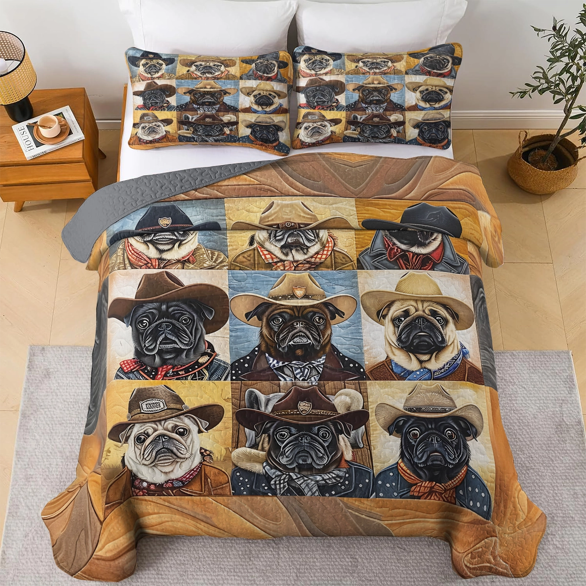 Shineful All Season Quilt 3-Piece Set - Pug Cowboy Delight