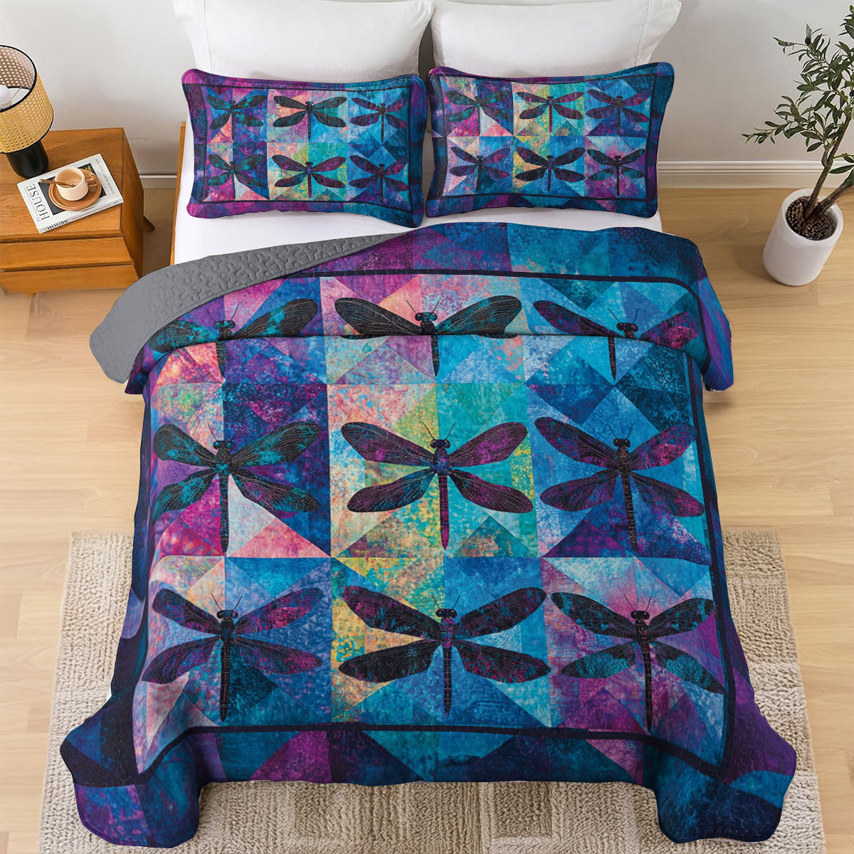 Shineful All Season Quilt 3-Piece Set Dragonfly Kaleidoscope