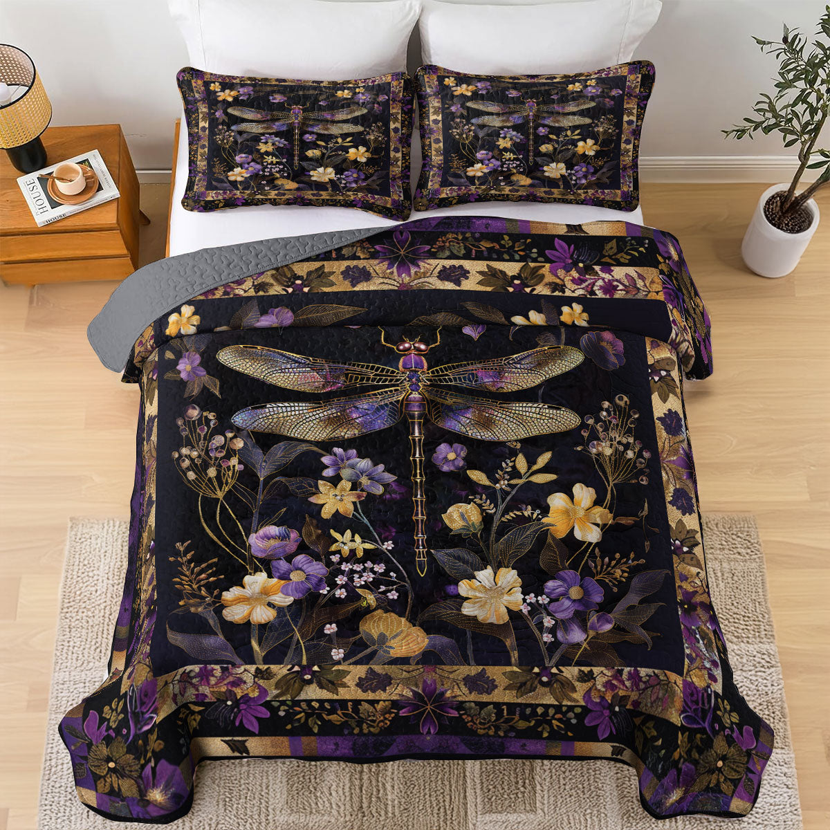 Shineful All Season Quilt 3-Piece Set Golden Dragonfly