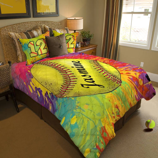 Shineful Personalized Colorful Softball - All Season Quilt 3-Piece Set