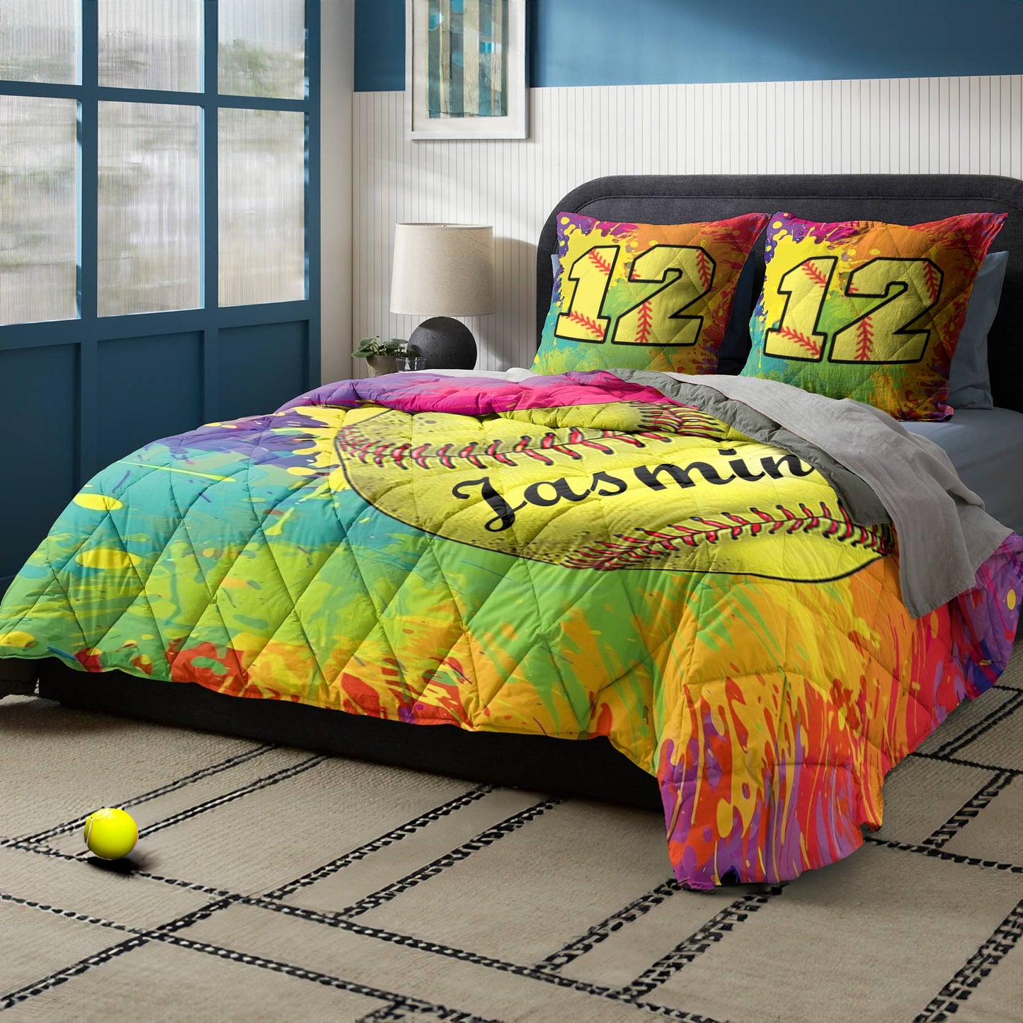 Shineful Personalized Colorful Softball - All Season Quilt 3-Piece Set