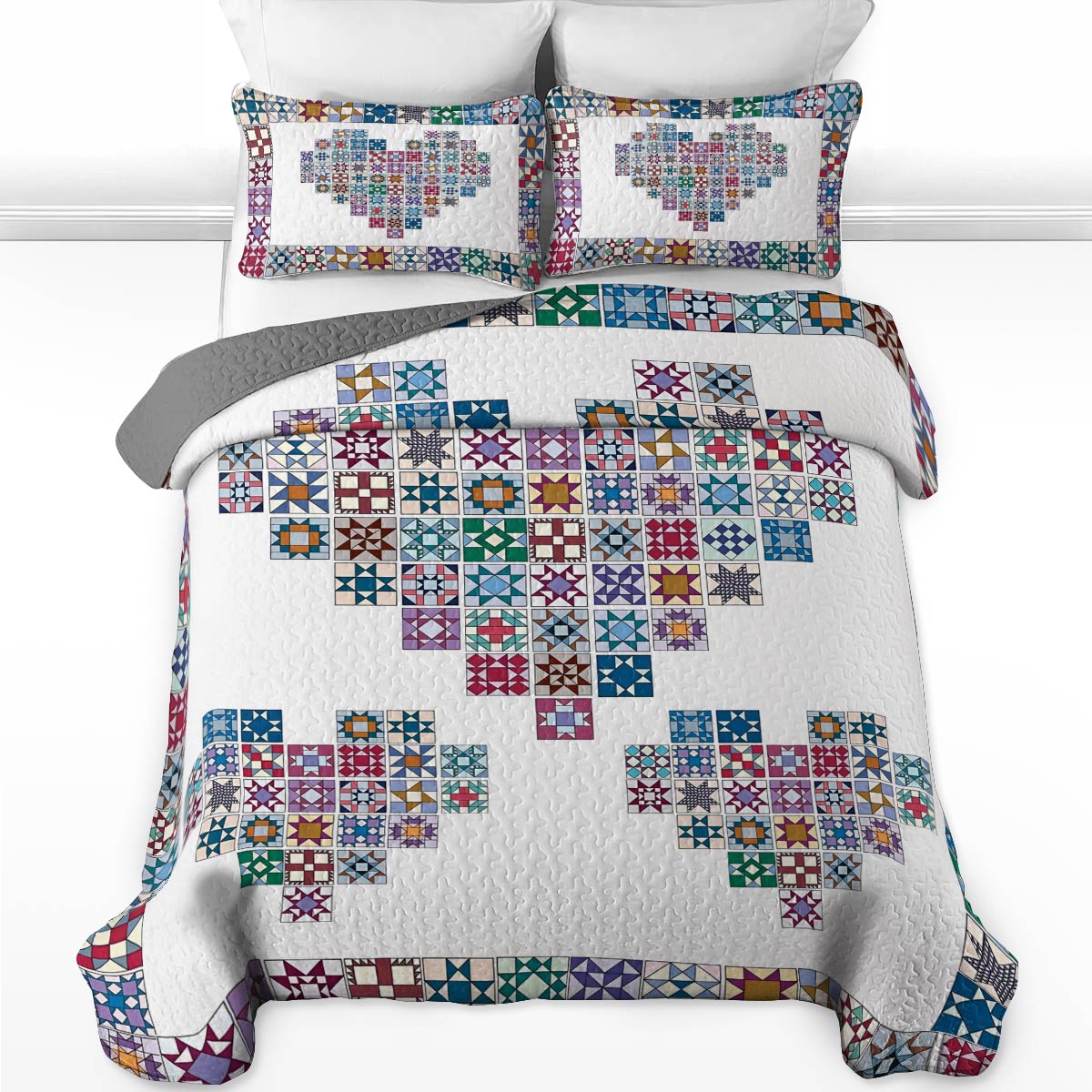 Shineful All Season Quilt 3-Piece Set Traditional Quilting Blocks Heart