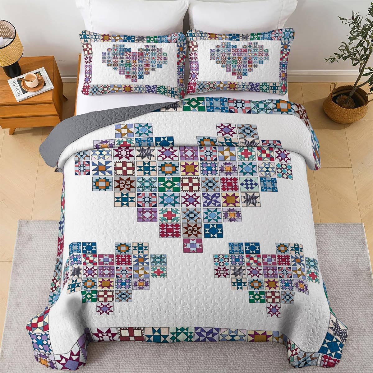 Shineful All Season Quilt 3-Piece Set Traditional Quilting Blocks Heart