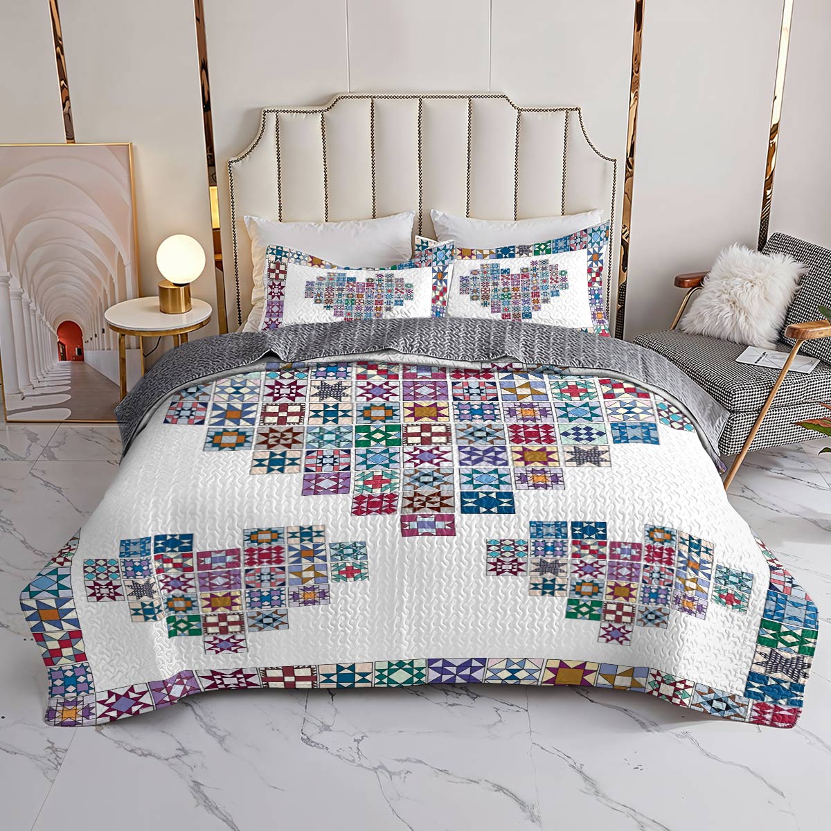 Shineful All Season Quilt 3-Piece Set Traditional Quilting Blocks Heart